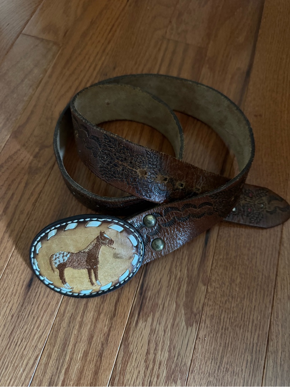 Brown Leather Western Belt with Horse Buckle
